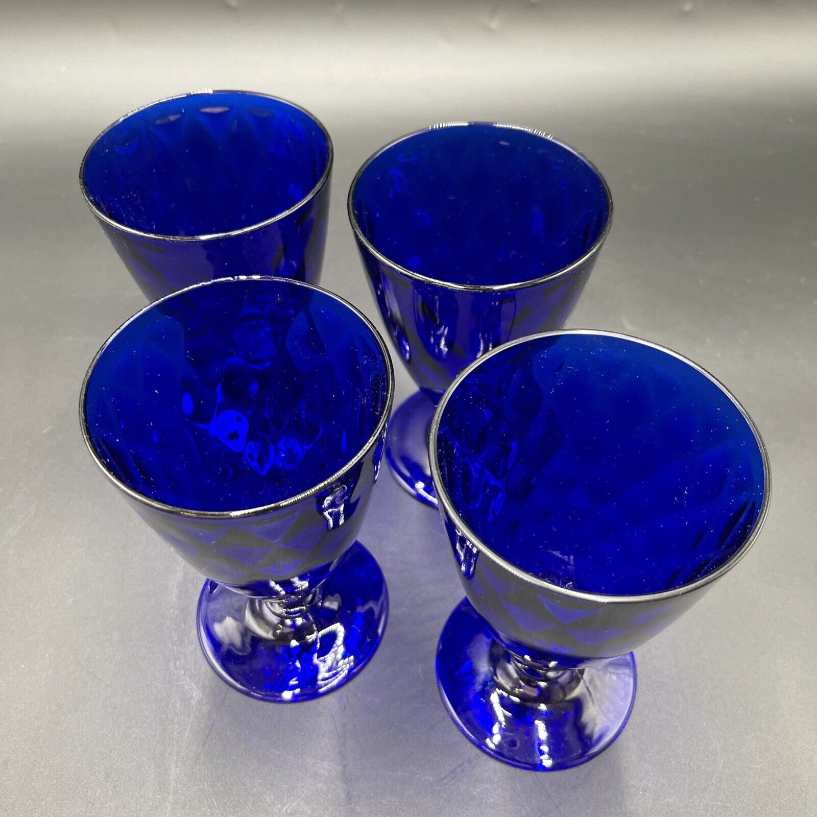 Cobalt Blue Tumblers Pedestal Footed Libbey Quilted Optic Textured Glass Set 4
