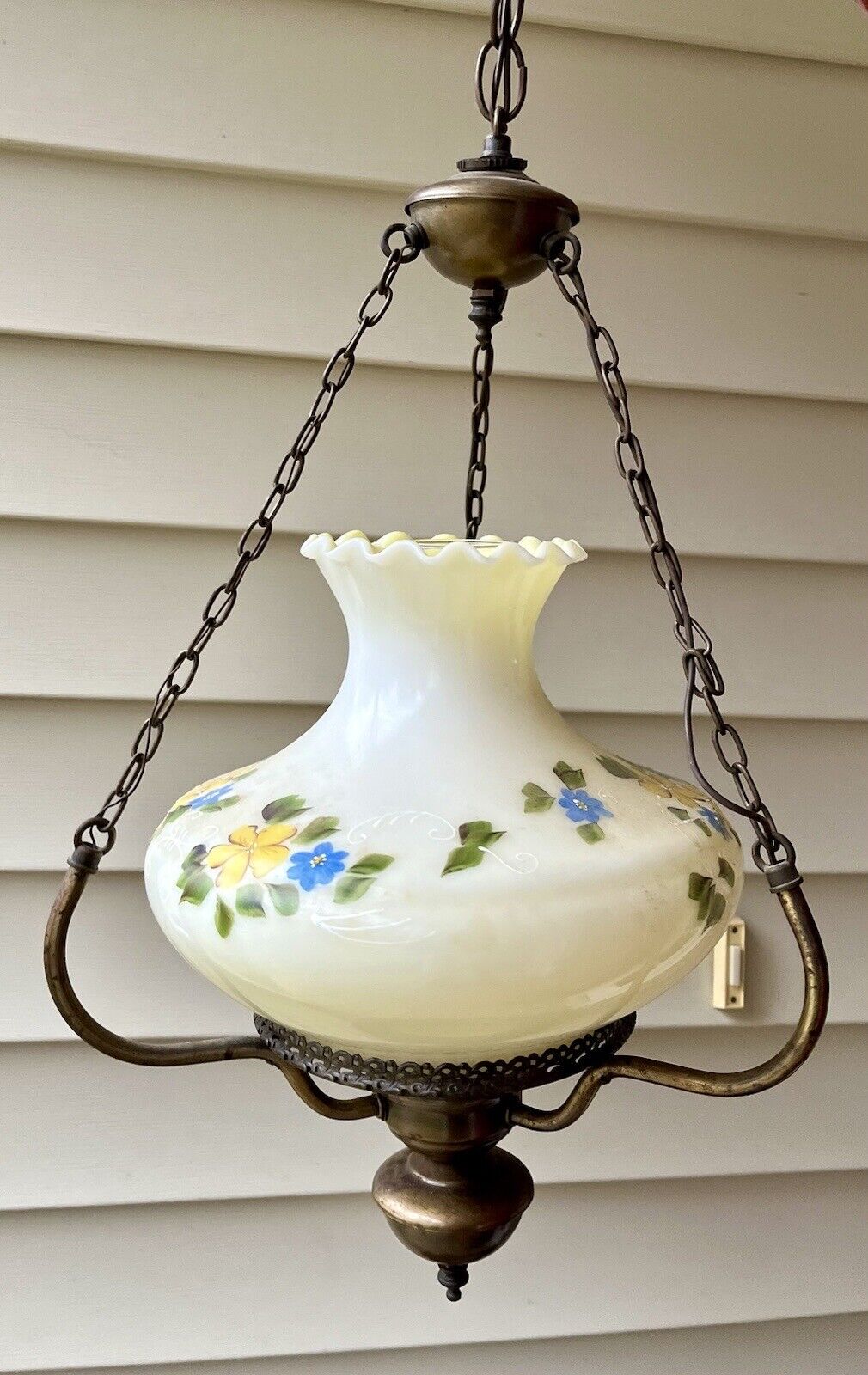 Vintage Swag Lamp Hanging Hurricane  Blue , Yellow Floral Hand Painted