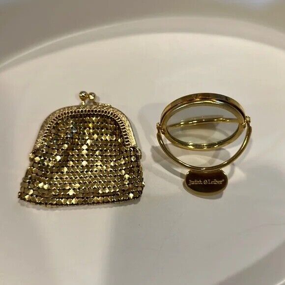 Vintage Judith Leiber Gold Tone Mini Mirror and mini coin purse