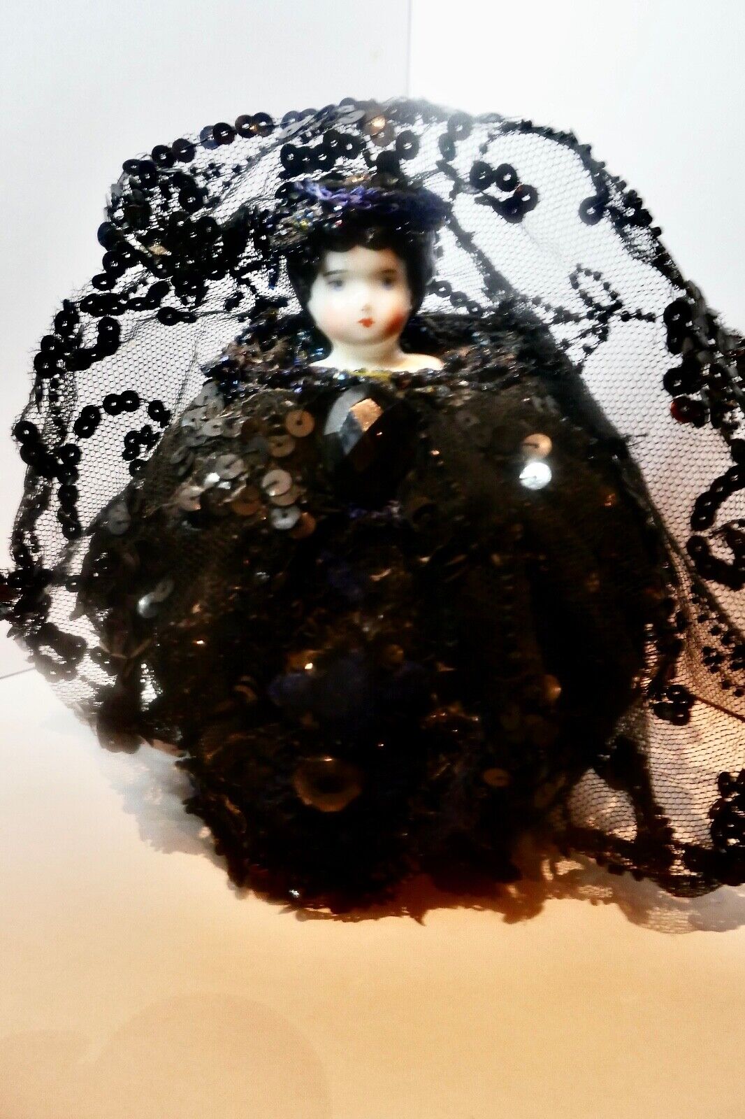 Vintage China Shoulder Doll Pin Cushion Or Ring Caddy Black Lace Over Blue Jet