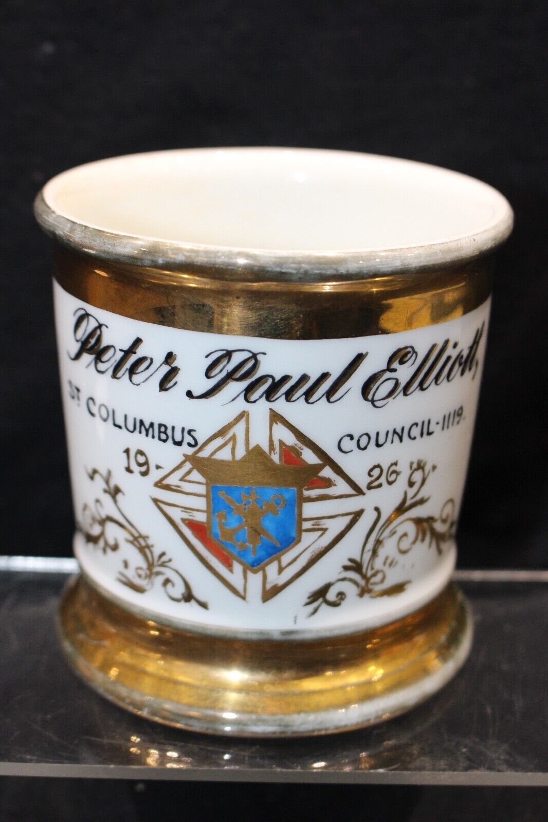 Vintage 1920\'s Shaving Mug White w/Gold Band Design Knights of Columbus