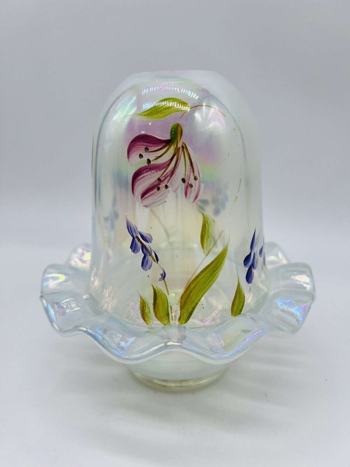 Fenton Fairy Light Opalescent w/ Iridized Colors - Floral Handpainted & Signed