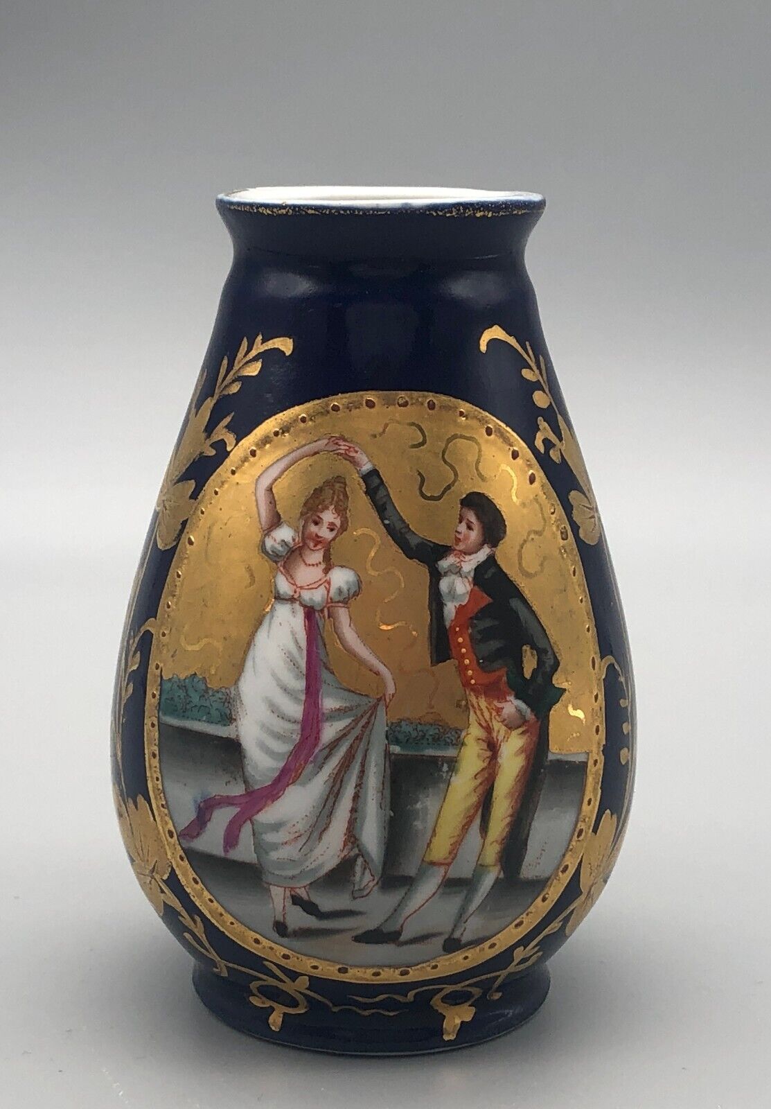 Antique Limoges Hand Painted Couple Dancing Cobalt Blue & Gold Miniature Vase