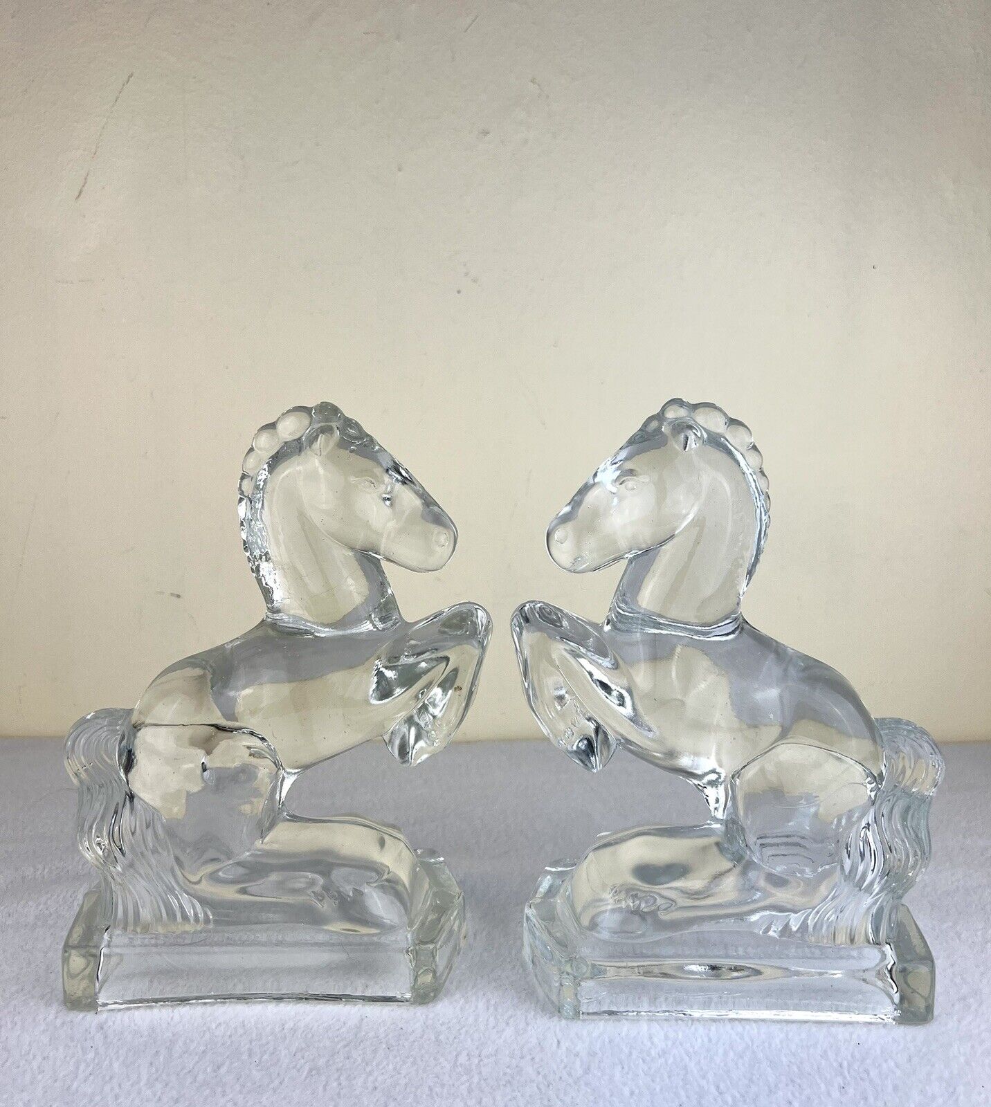 Vintage Pair of Clear Glass Rearing Horse Bookends Heavy Blown Glass 8” Tall