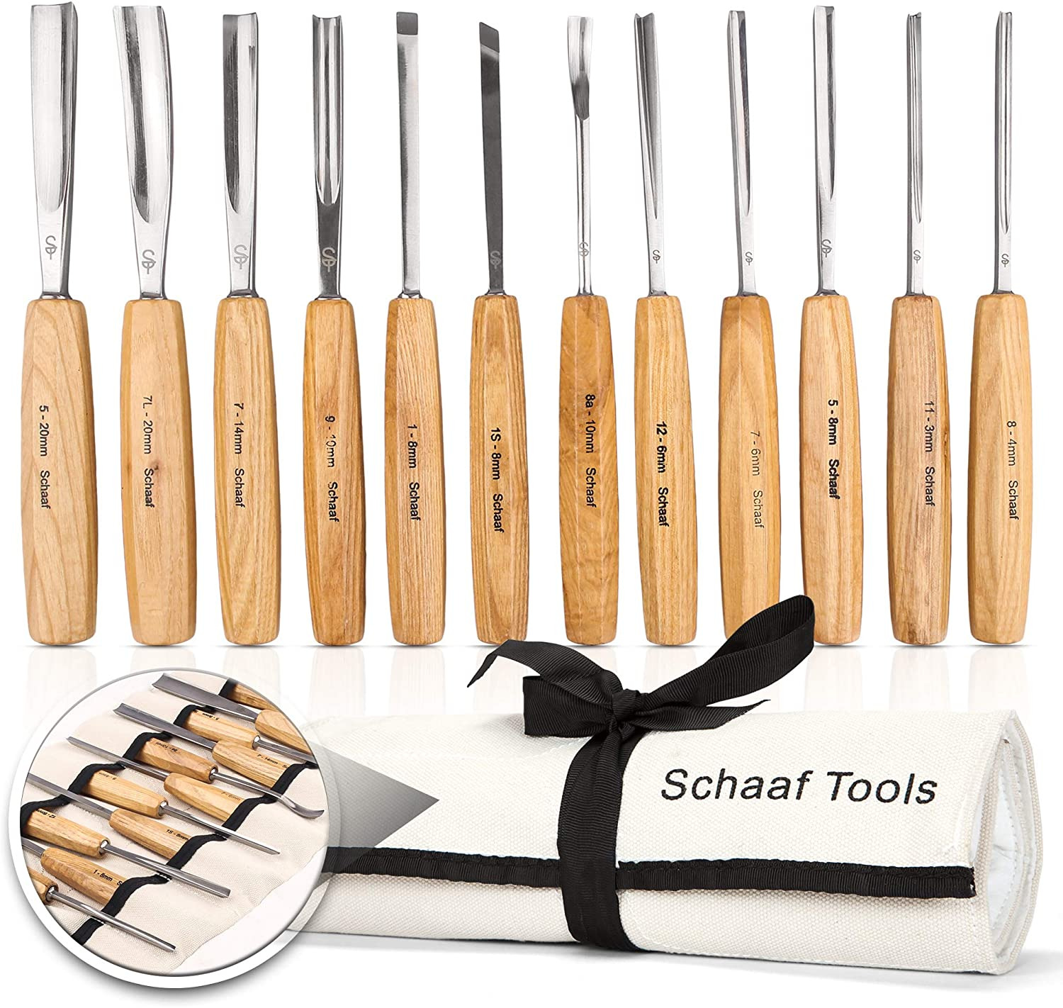 Schaaf Wood Carving Tools Set of 12 Chisels with Canvas Case 