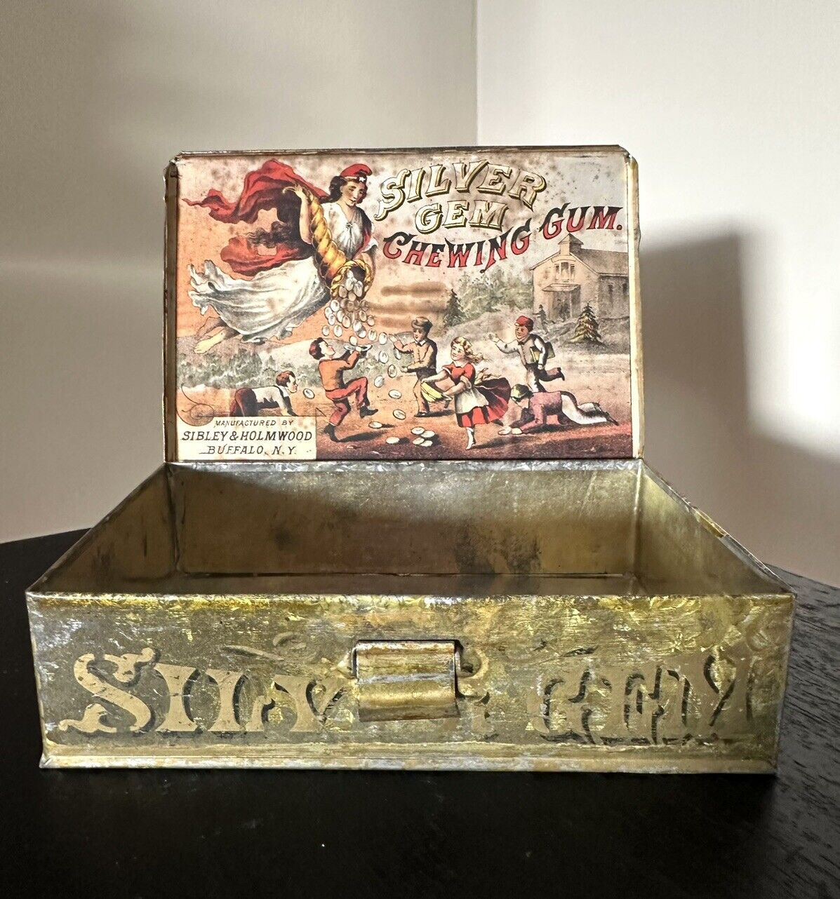 Antique 1890s Silver Gem Chewing Gum advertising store display tin box