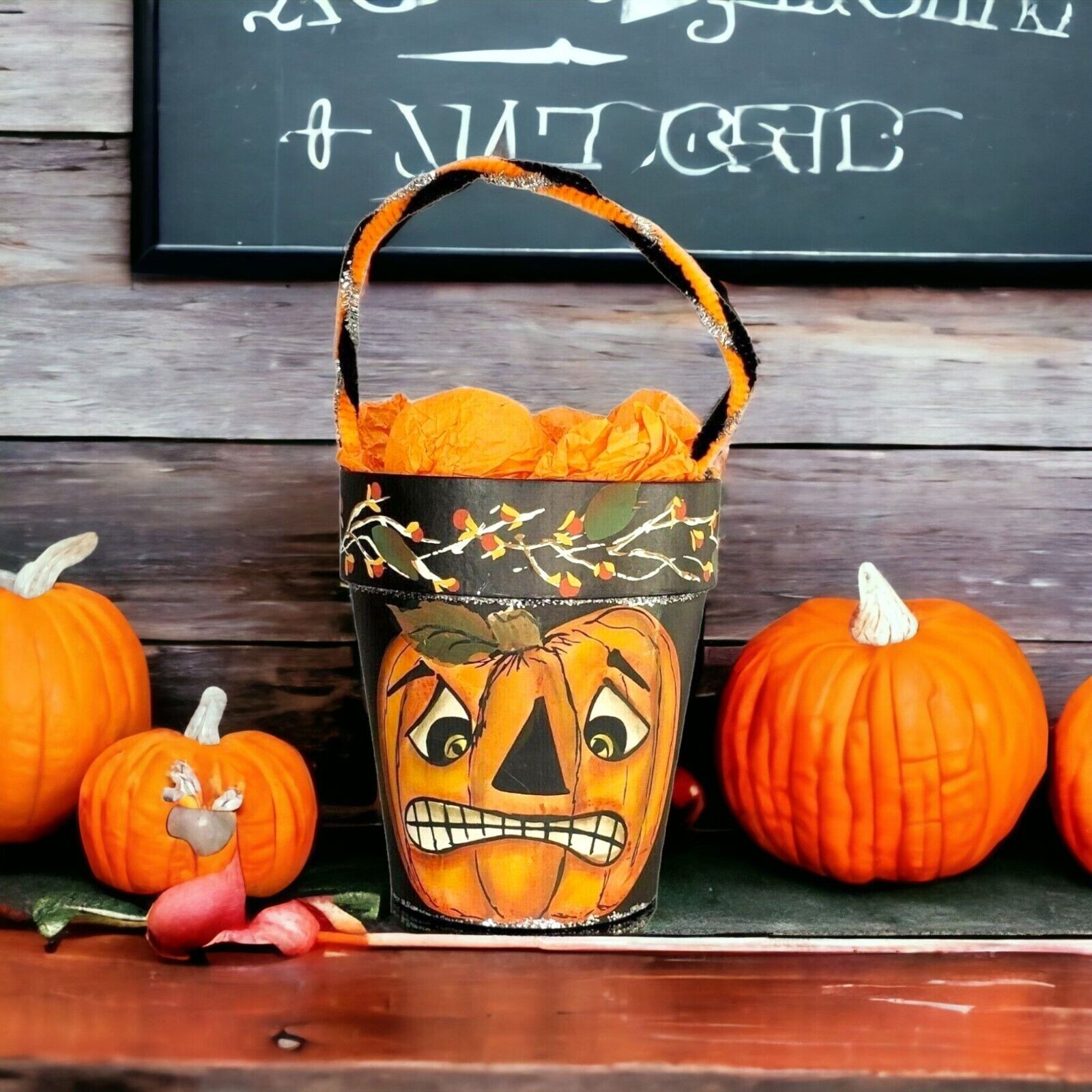 Pumpkin Bucket Primitive Folk Art Hand Painted Treat Halloween Pail #5
