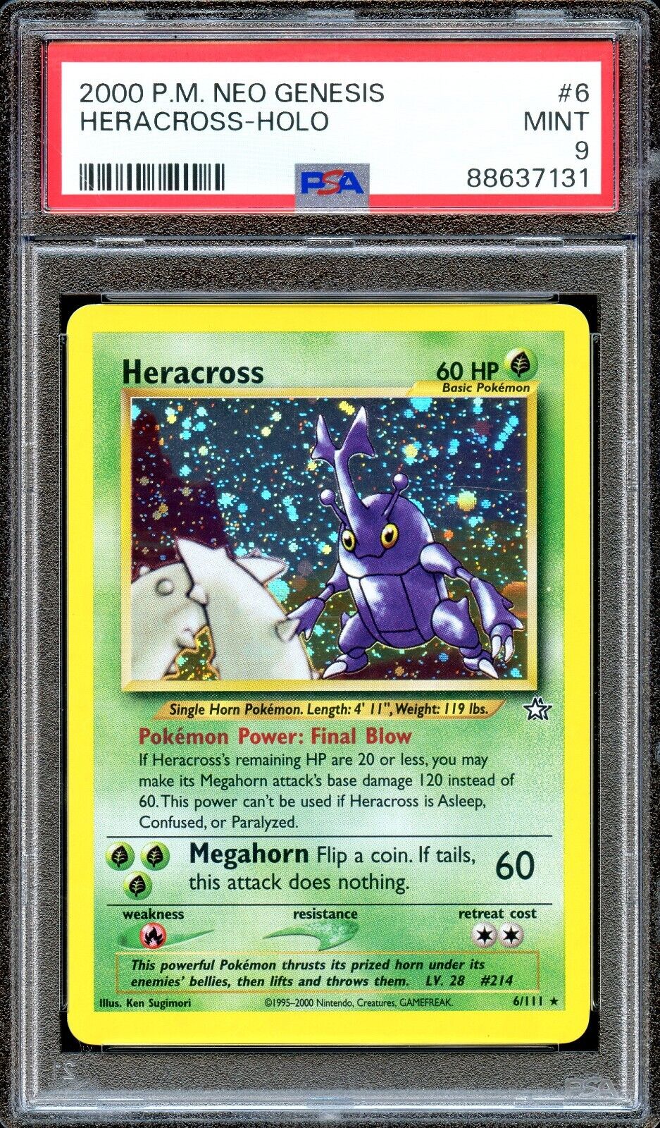 PSA 9 Heracross Unlimited Neo Genesis 6/111 Pokemon Card MINT Holo