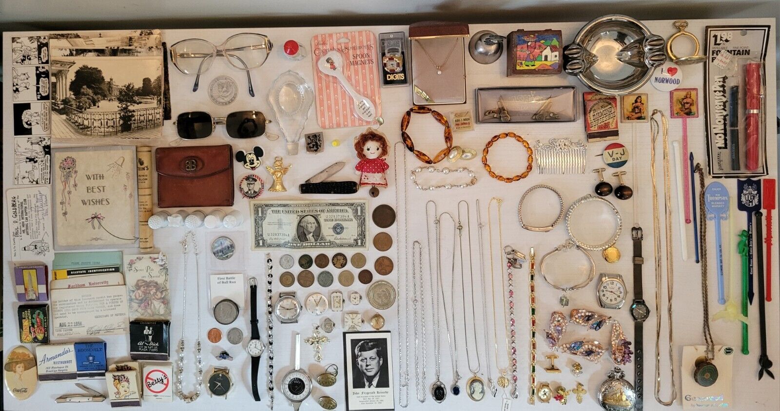 Amazing Vintage Junk Drawer Lot Rare Items,Jewerly, 1972 JFK Half Dollar Knife..