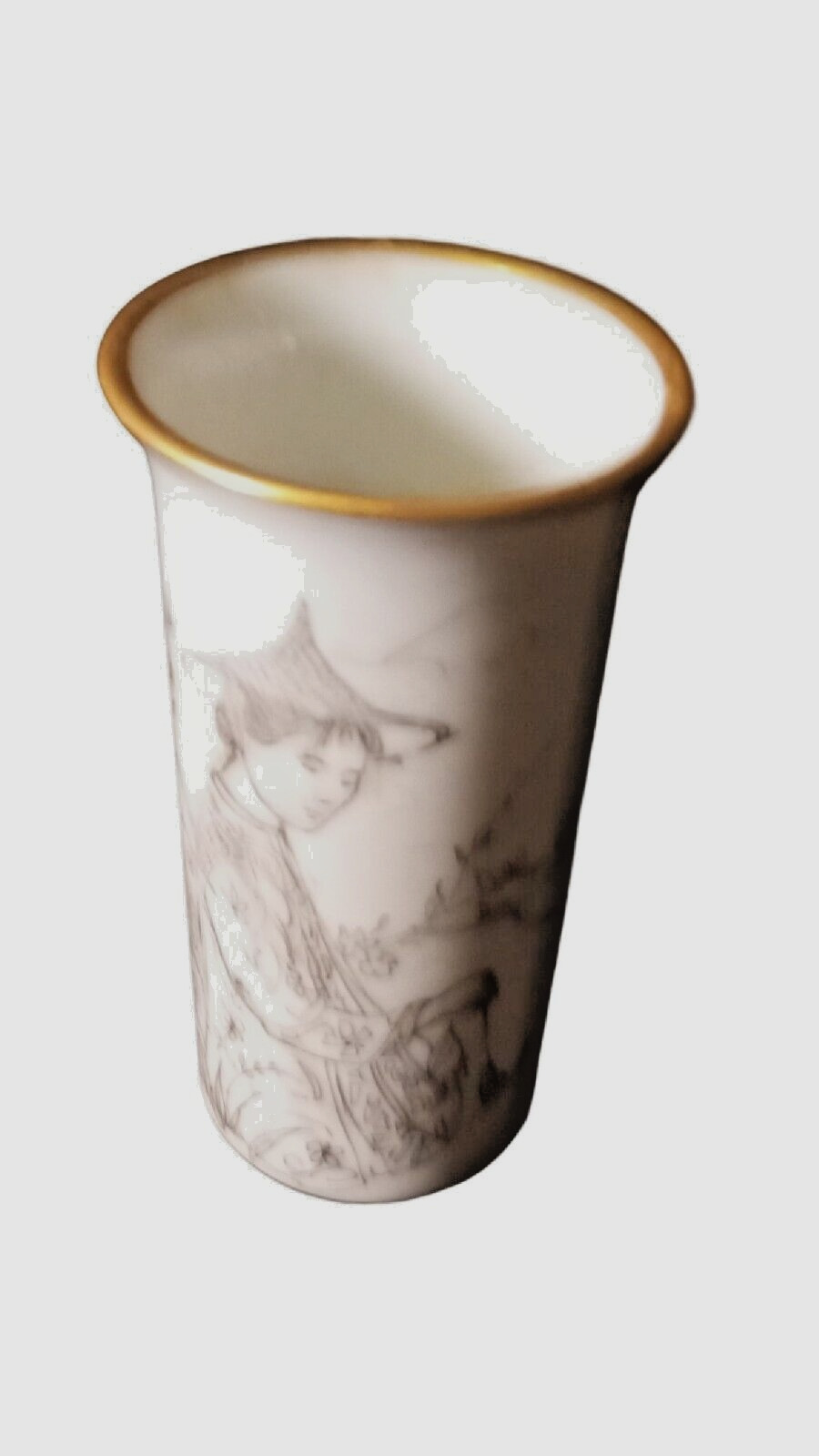 Vintage Edna Hibel Porcelain Fishing Vase Gold Trim Made In West Germany