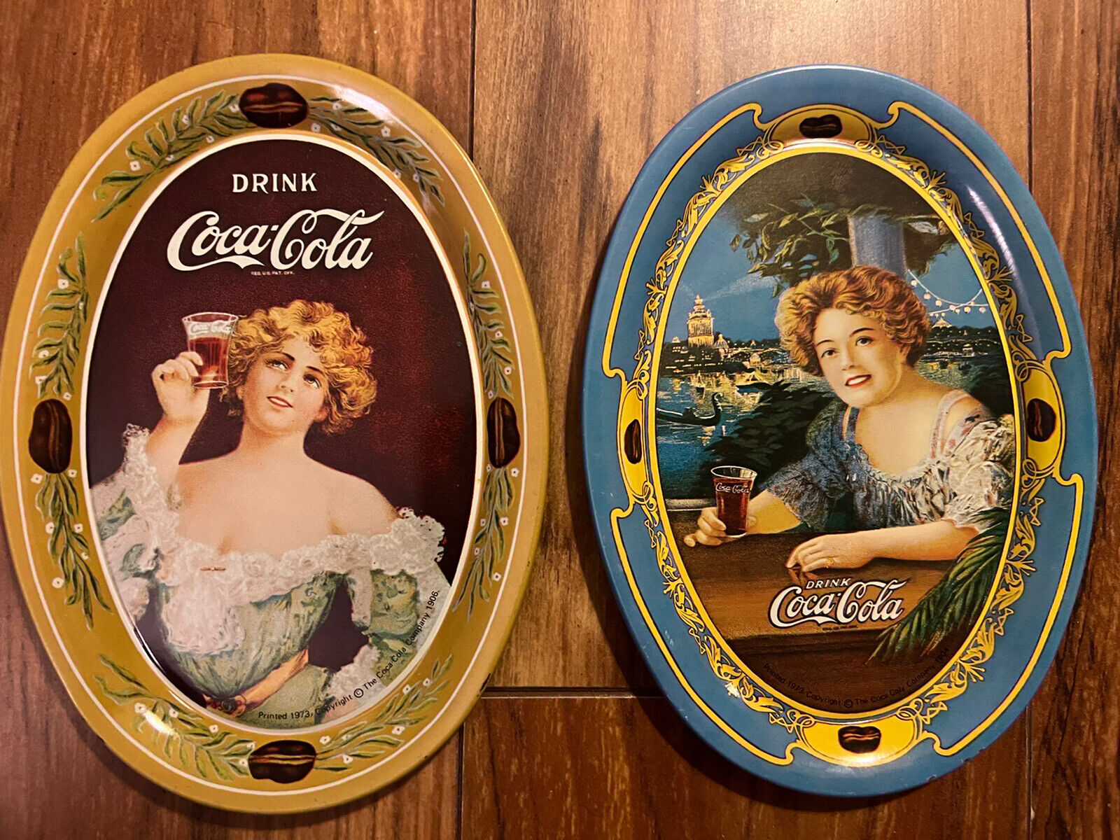 Lot Of (2) 1973 Coca Cola Small Vintage Oval Mini Tin Tip Trays 6in x 4.5in