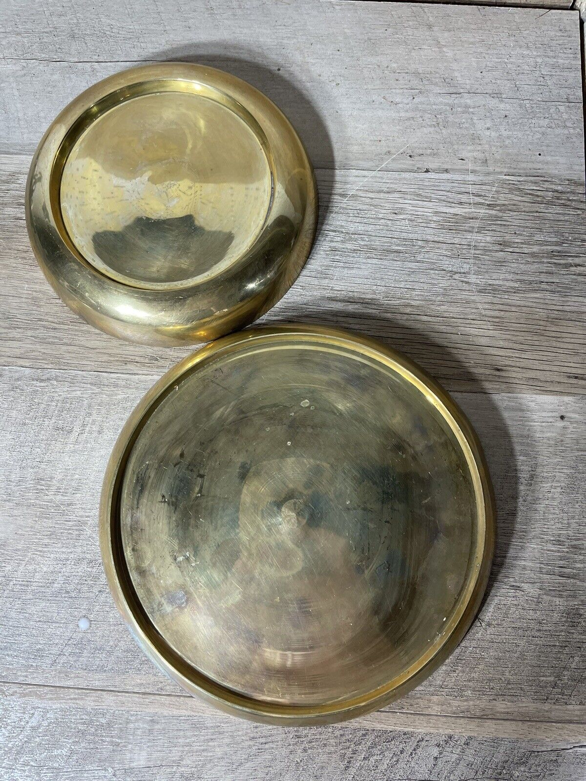 Vintage Brass Round Candle Holder Plates Set Of 2 Made In India