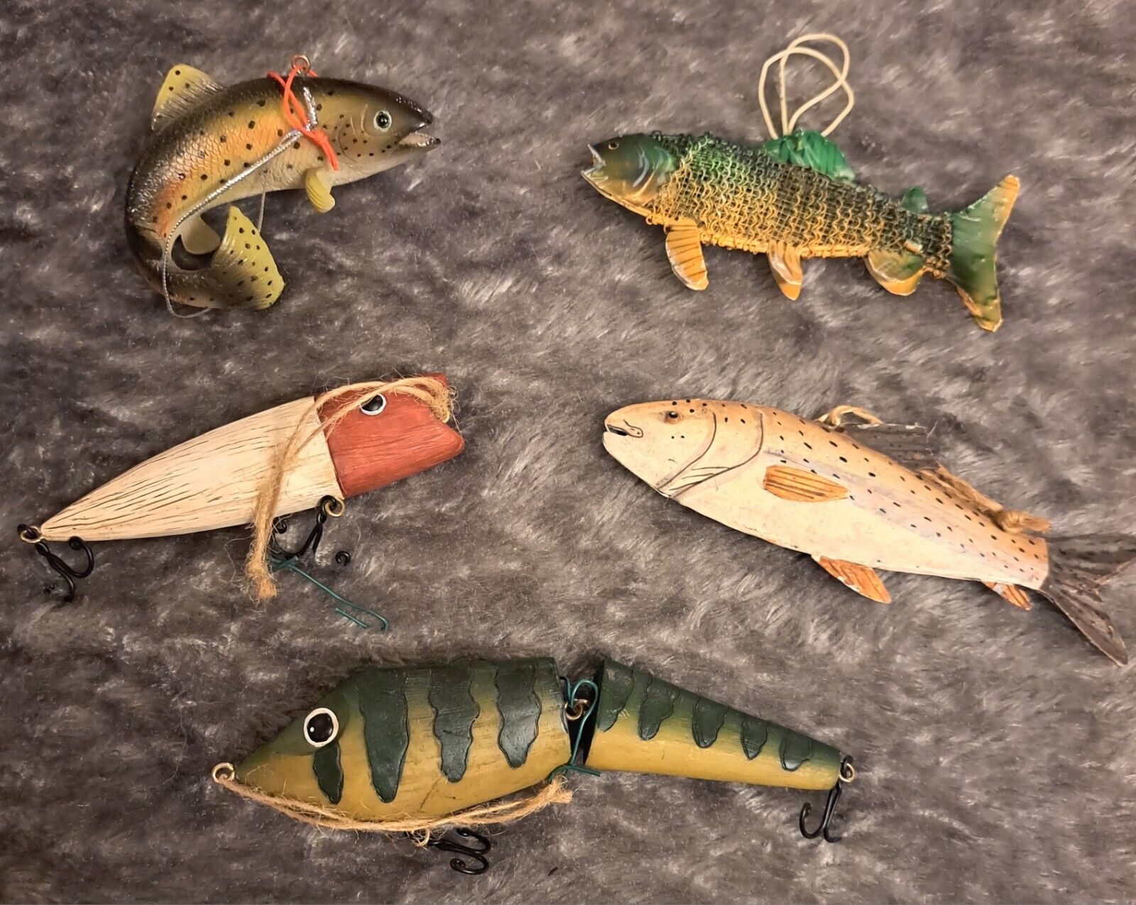 Fishing Ornaments Lot Of 5 Vintage Jigs Fish Christmas