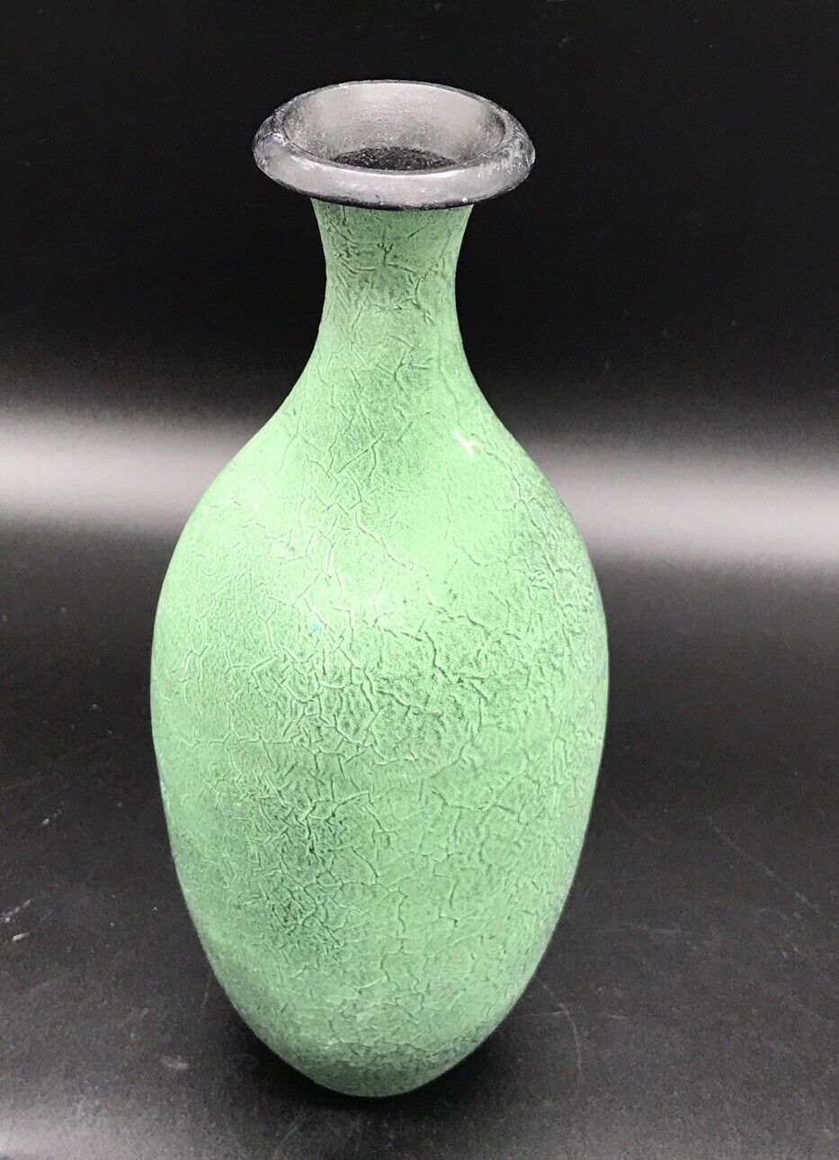 Metal Vase Green Crackle Glaze Made In India 9.5”