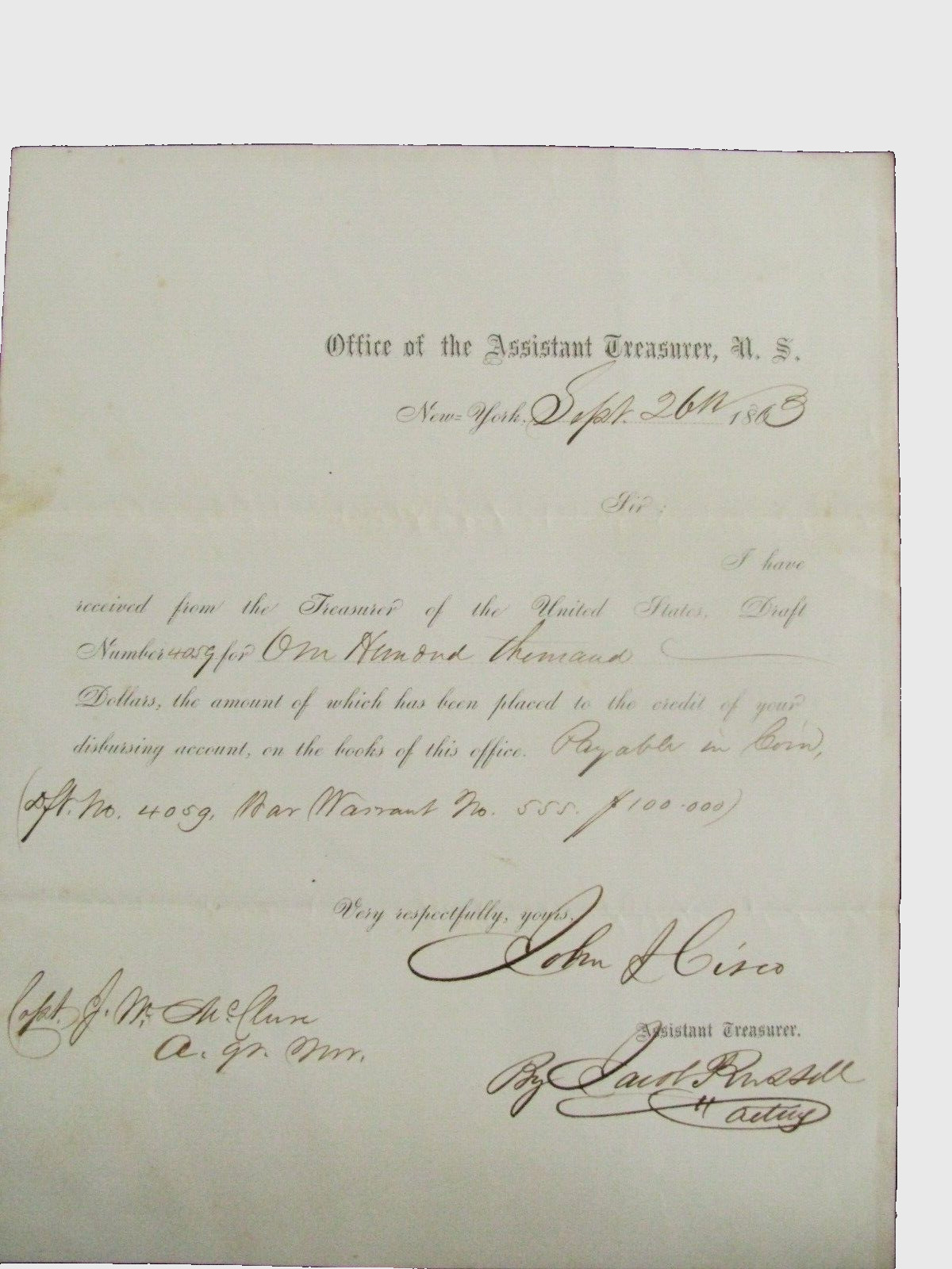 CIVIL WAR $100,000 COINS US TREASURY DRAFT JOHN M CISCO 1863