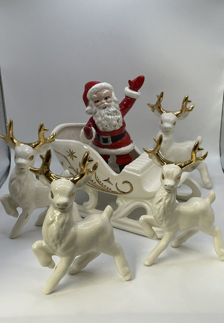 Vintage Holland Mold MCM Ceramic Santa & Sleigh 4 Reindeer Christmas Display HTF