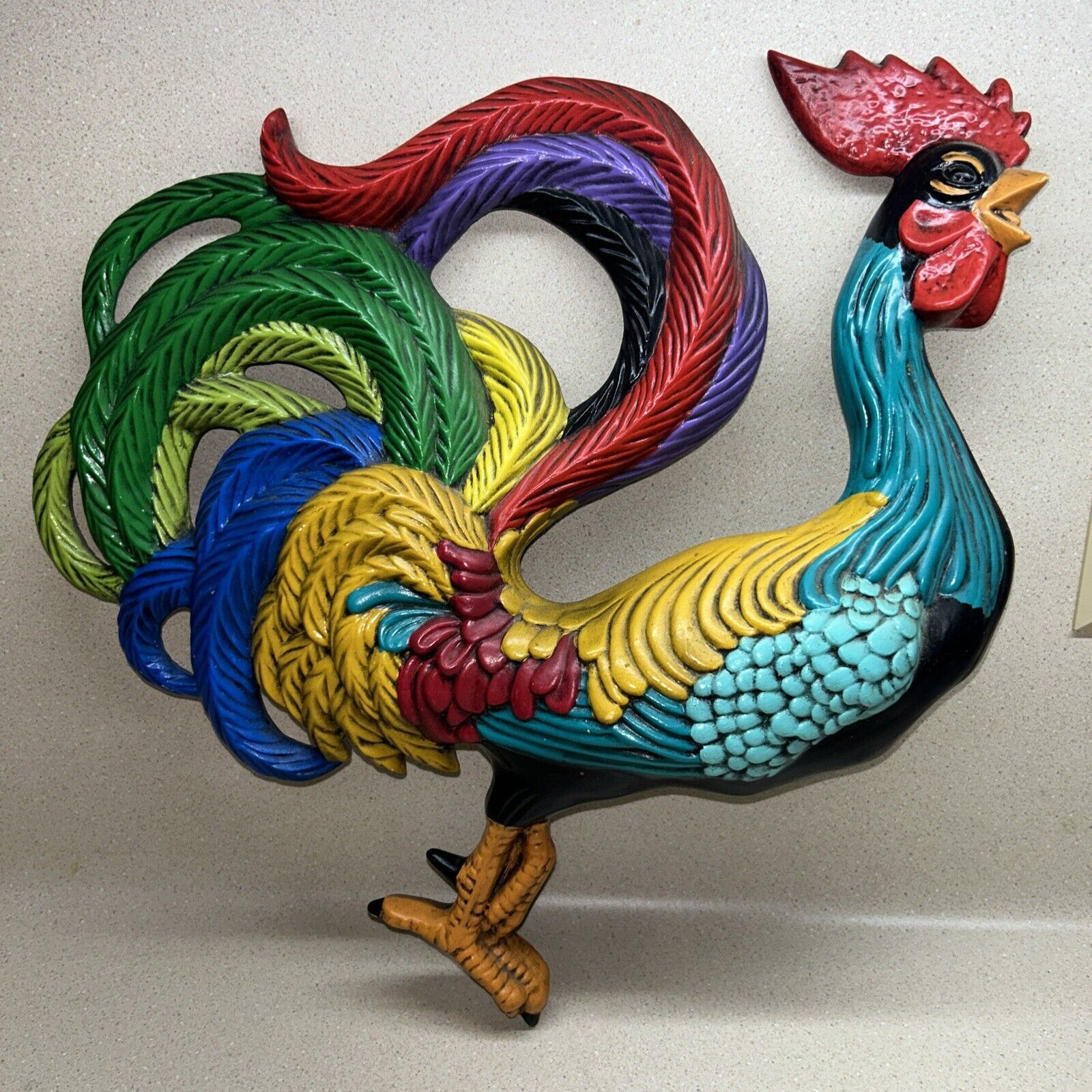 Vintage Chalkware Rooster Wall Art Retro Mid Century Kitchen Decor 15” Colorful