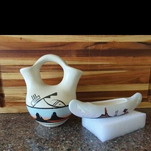 Vintage Native American Pottery Wedding Vase And Canoe Signed Hand Painted
