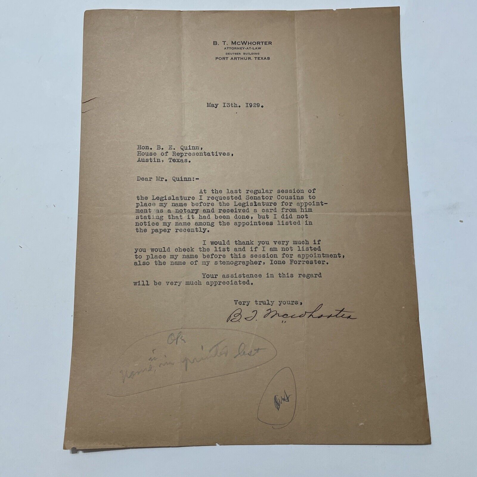antique letter Port Arthur TX B. T. McWhorter to State Rep. B. E. Quinn 1929