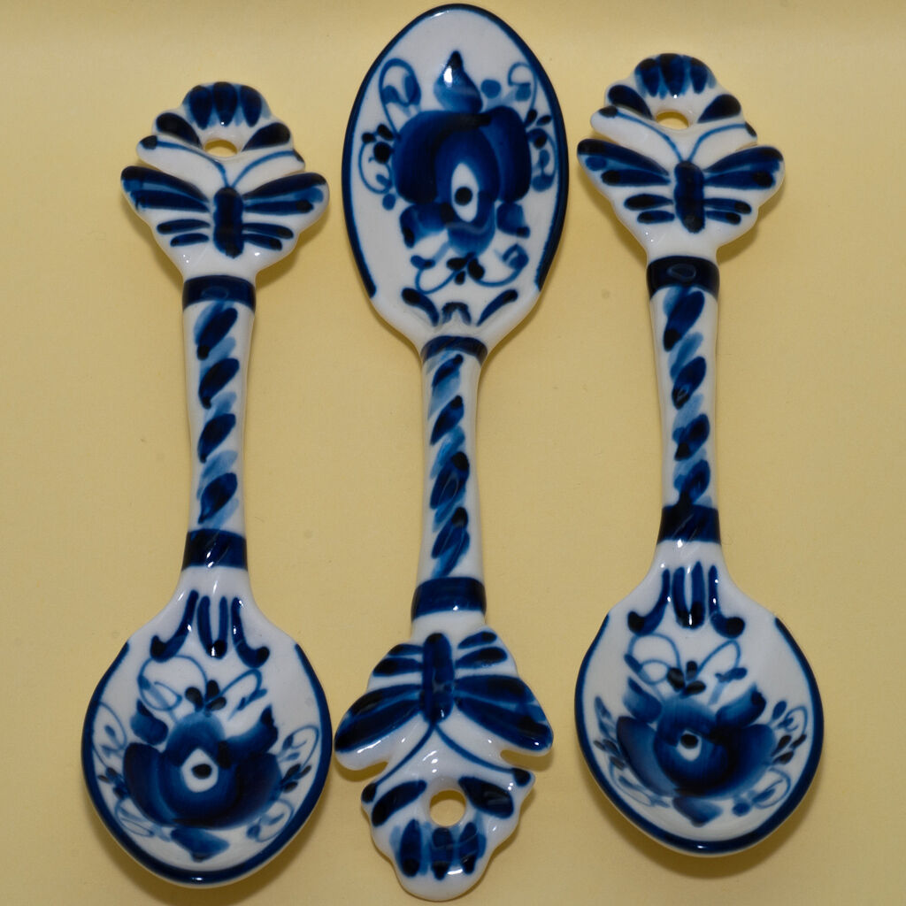 Hand-painted Gzhel Porcelain Dessert Spoon in traditional colors made in Russia