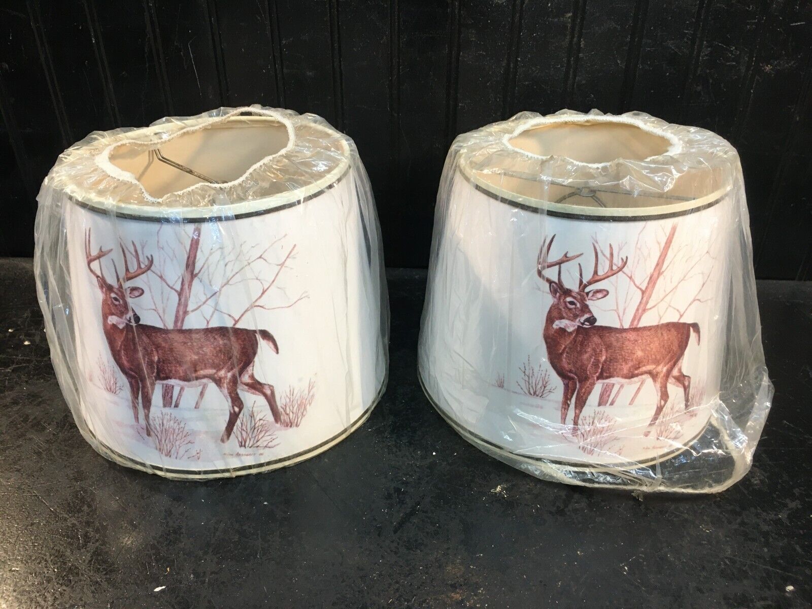 Vintage Pair Mid Century Clip On Lamp Shade Deer in Woods 7in Lamp Shades