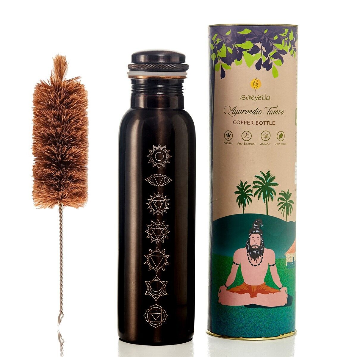 7 Chakras Vintage Engraved Copper Water Bottle with Cleaning Brush - 1 Litre