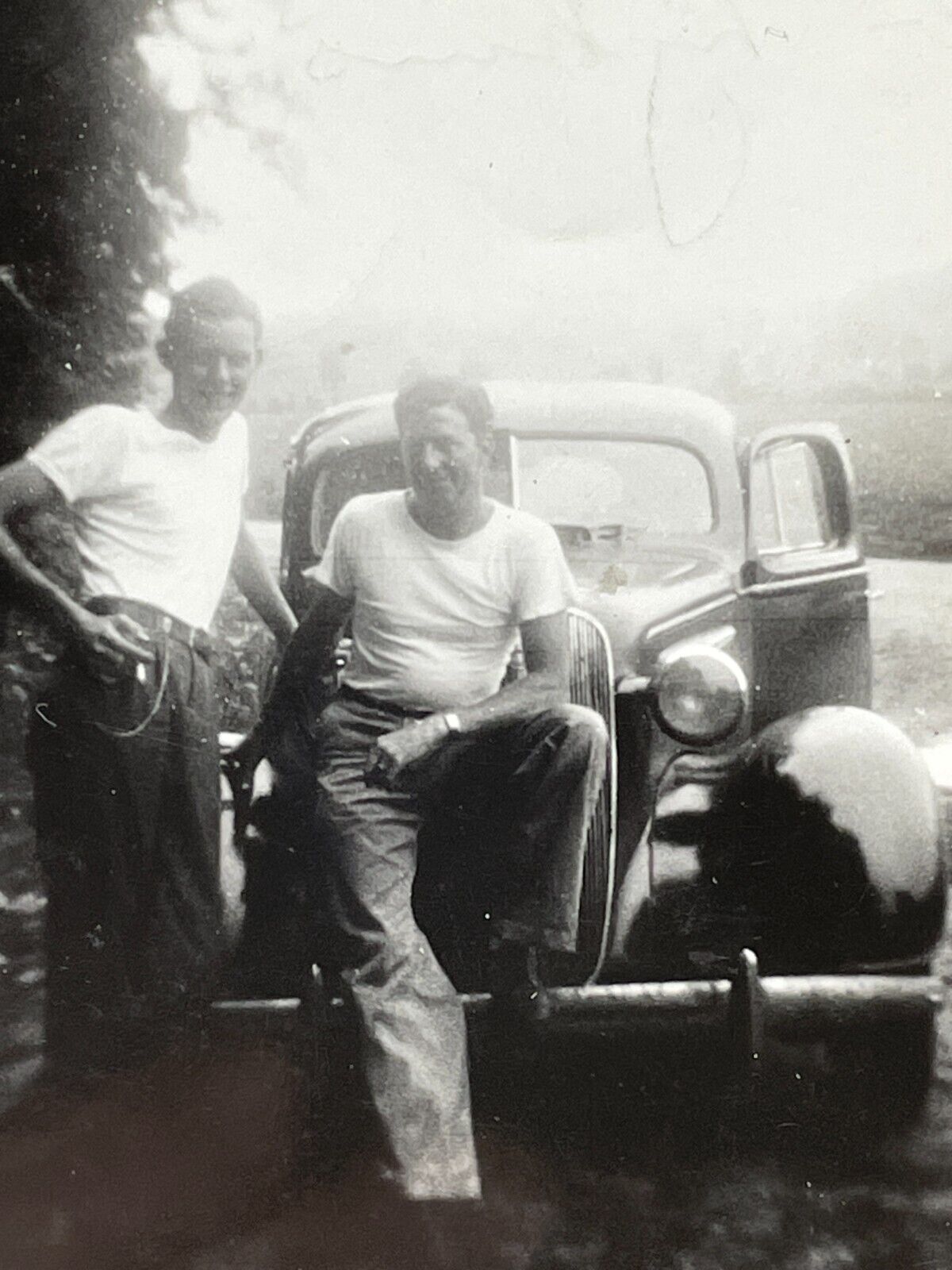 TF Photo 1946 Two Men Smile Sit On Cool Old Car Man Men