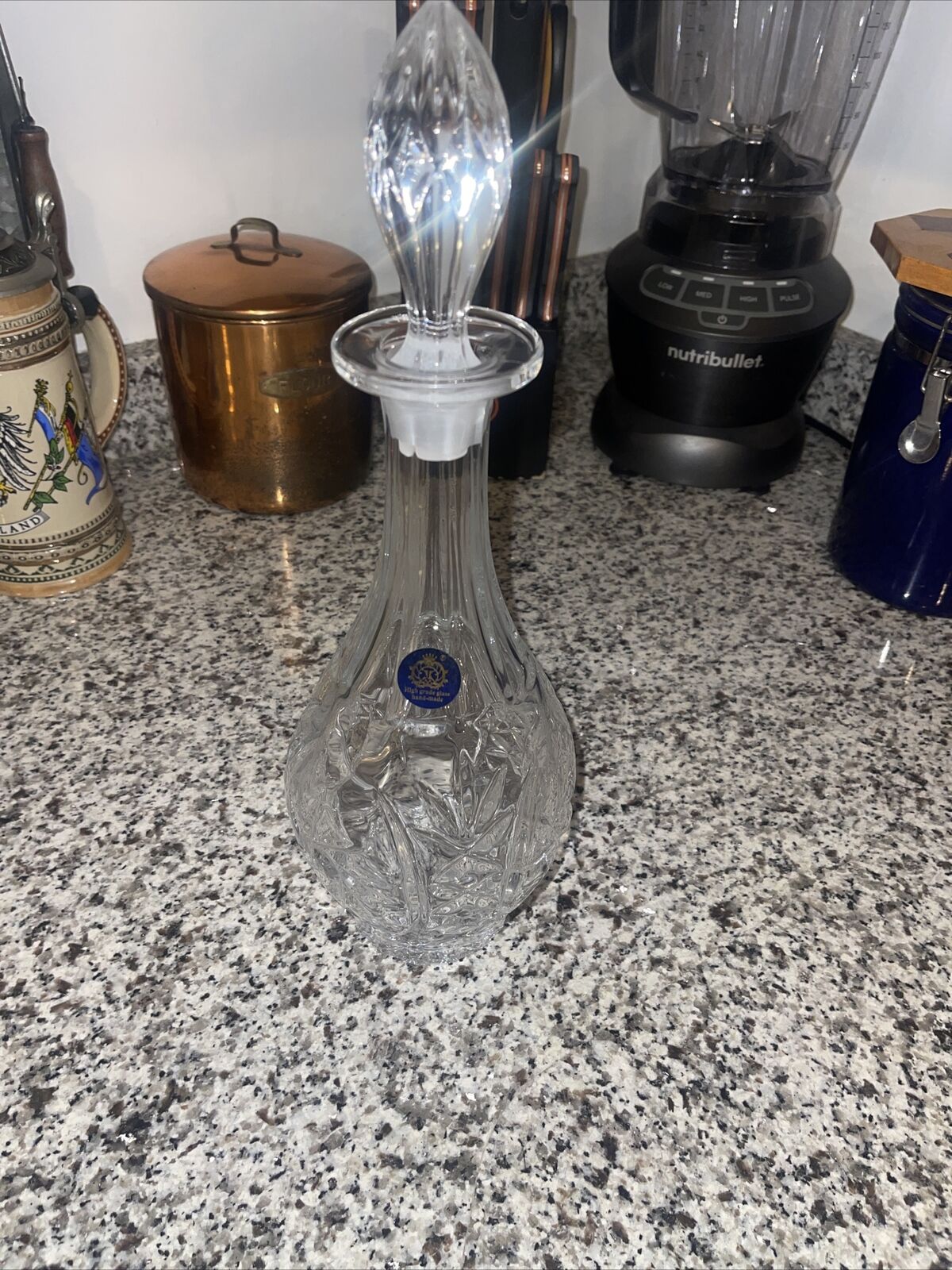 New Crystal Glass Pinwheel Decanter Tall W/ Stopper Europe  14.25\