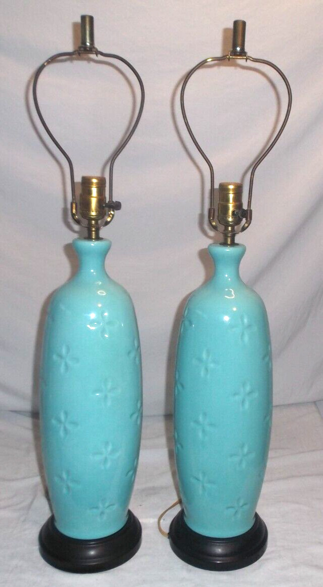 Vintage Pair Mid Century Modern Sea foam Blue Ceramic Pottery Table Lamps