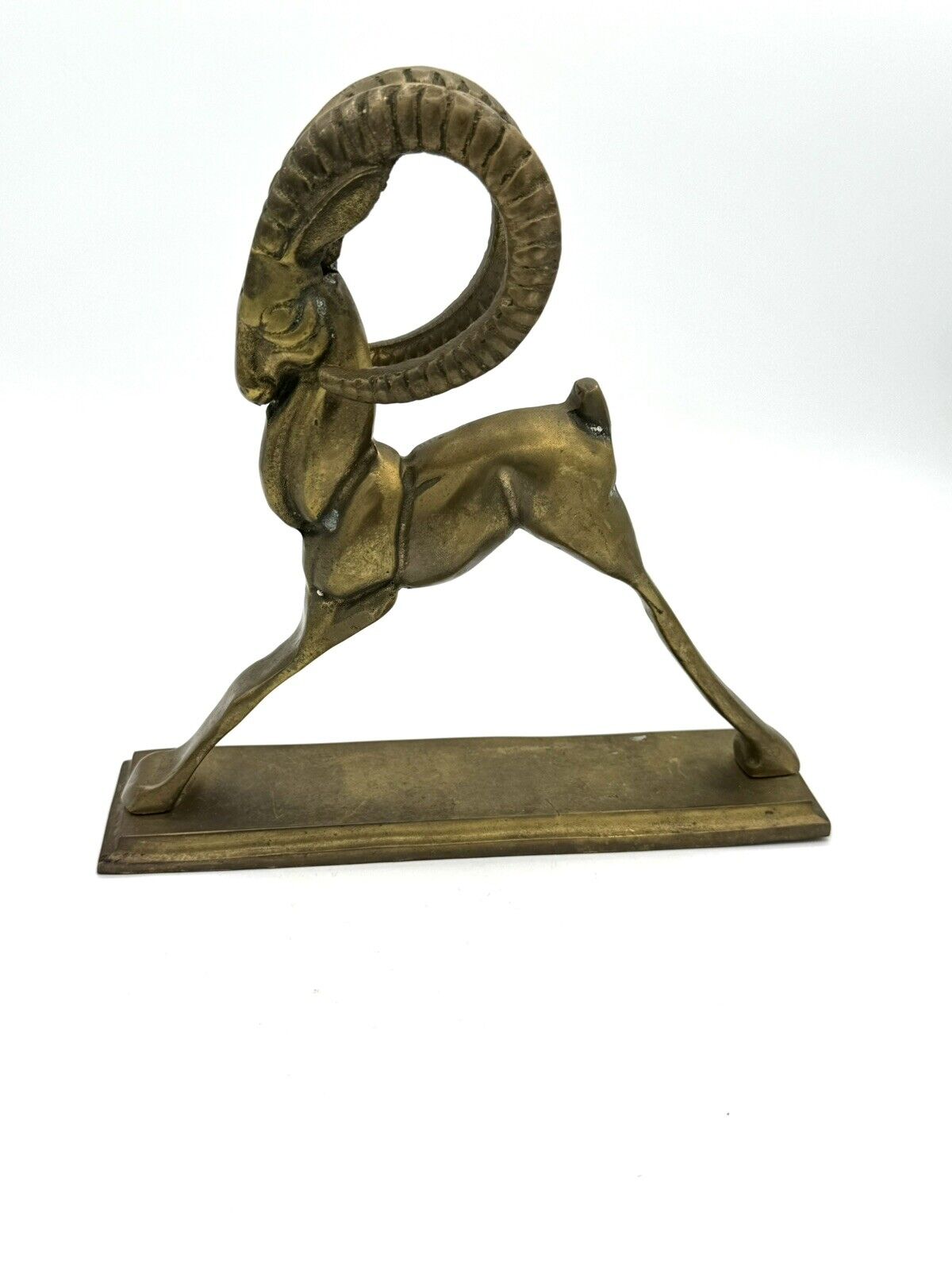 Vintage Art Deco Solid Brass Ibex Ram Figurine Mounted on Brass Plate