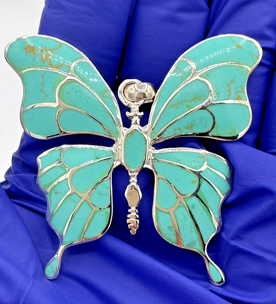Gorgeous Big Butterfly Blue Turquoise Solid 925 Sterling Silver Pendant 1.9”