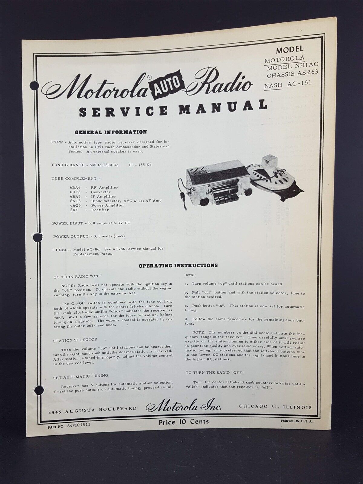 Motorola 1957 International IH Auto Radio Service Manual Model IL7TC