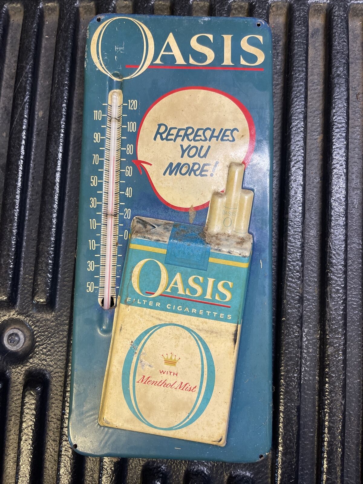 HTF-VTG OASIS CIGARETTE ADVERTISING THERMOMETER METAL SIGN  13” Works-POP-OUT