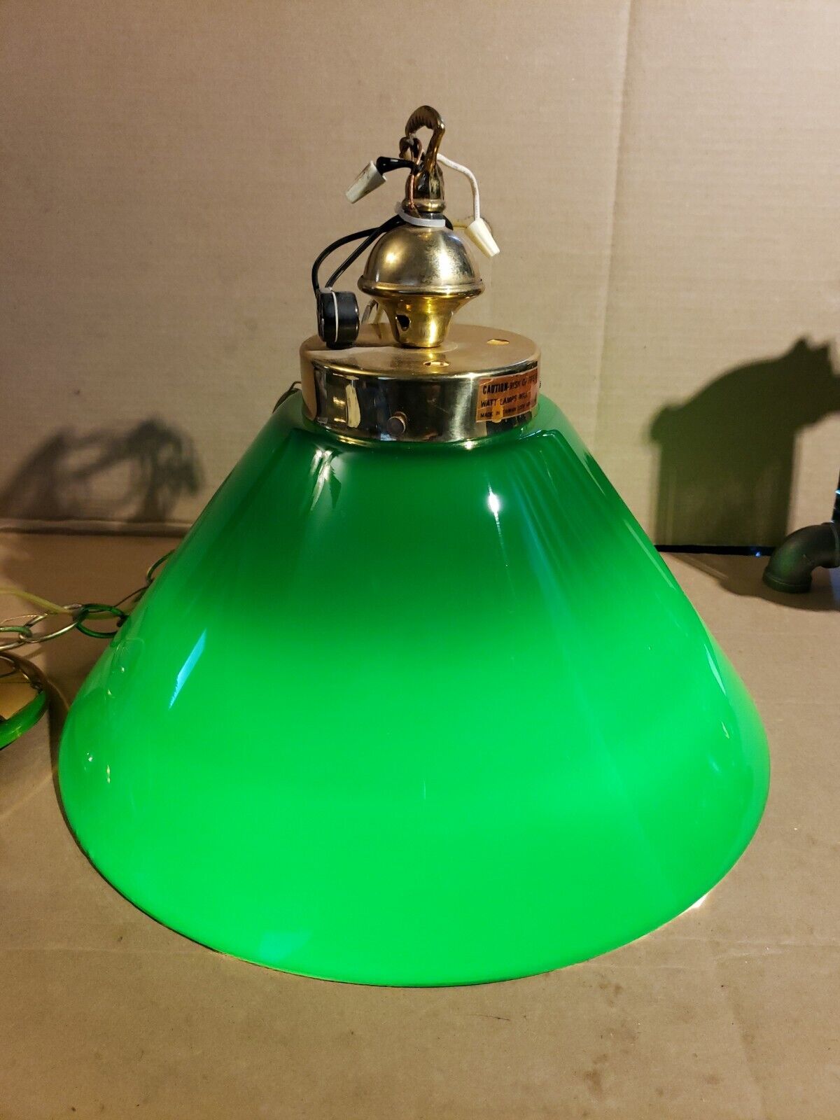  Vintage Emerald Green Glass Cased in White Bankers Hanging Light Shade