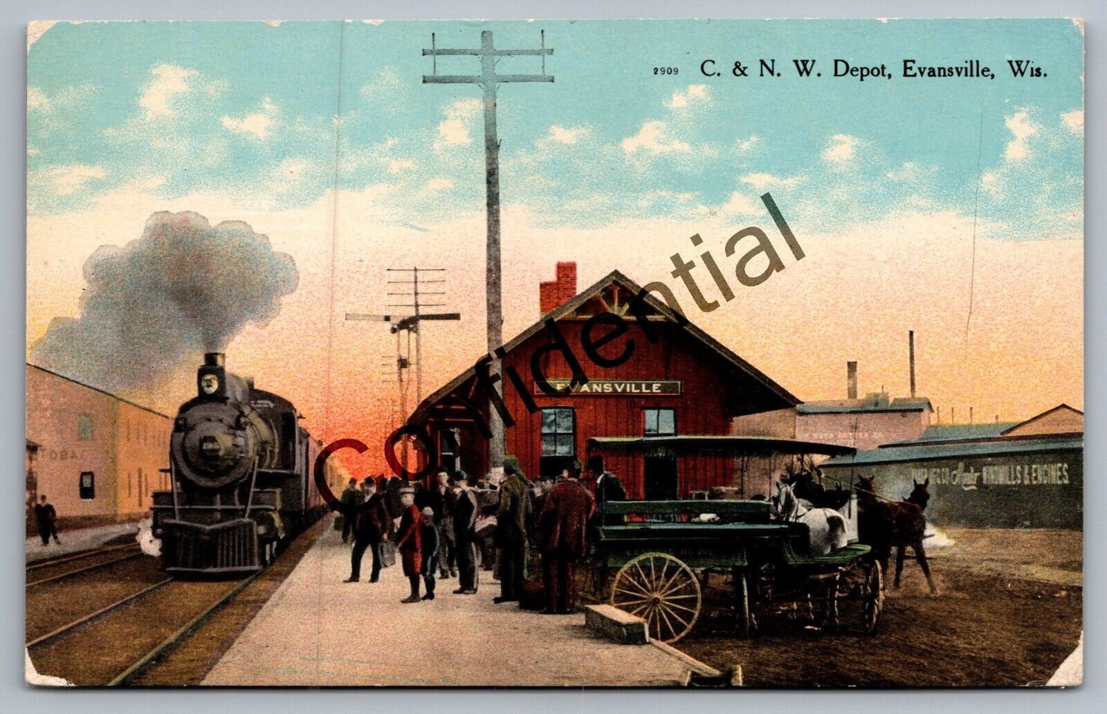 Locomotive C & N W Depot Railroad Station & Loco At Evansville WI Wisconsin J401