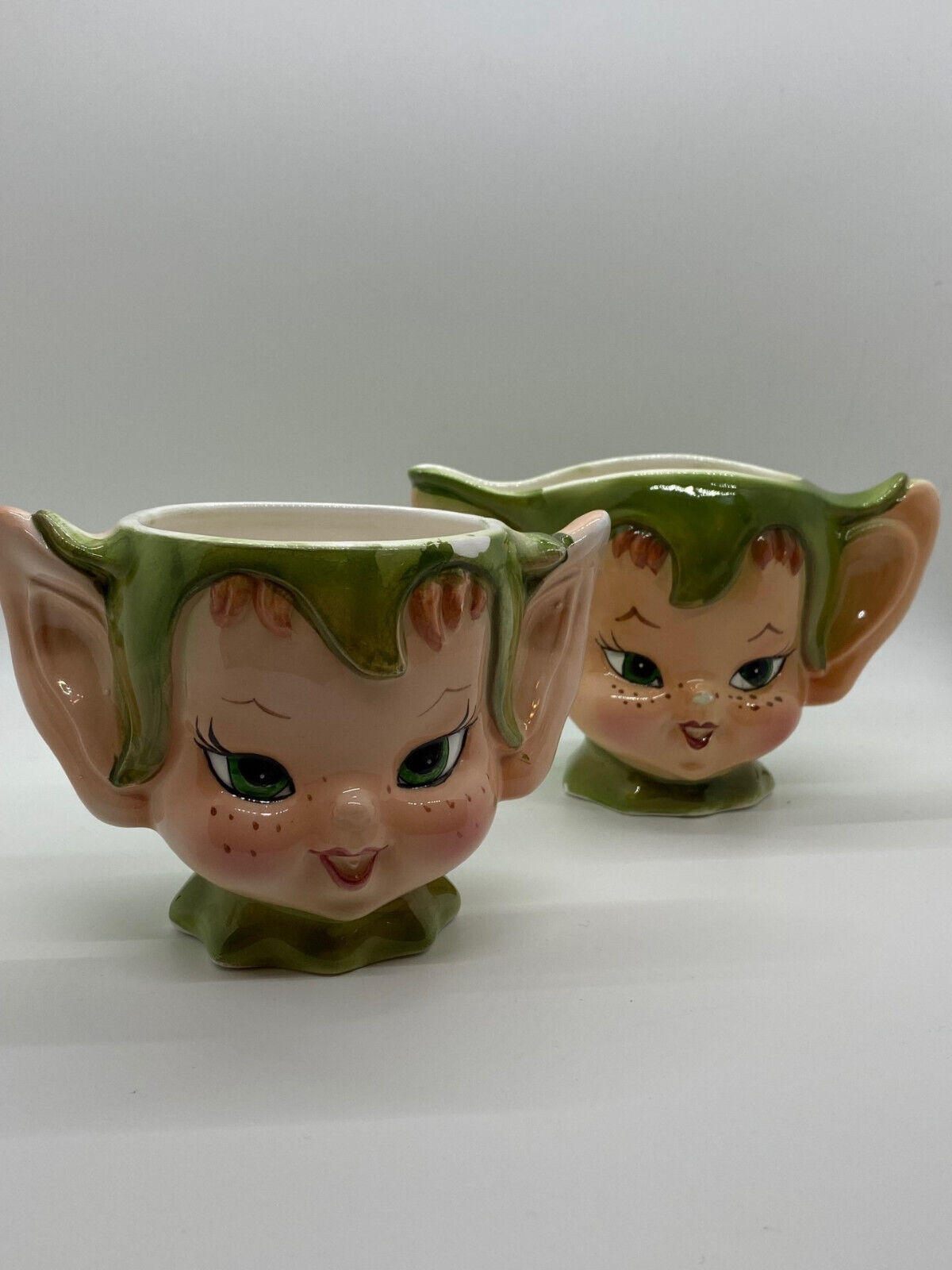 Vintage Lefton Green Pixie Elf Creamer and Sugar Bowl 3970 Japan