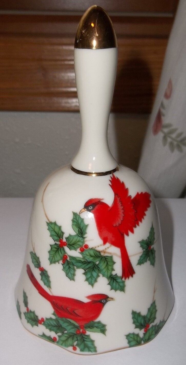 Lefton Cardinals & Holly Christmas Bell 1993 Porcelain VGC