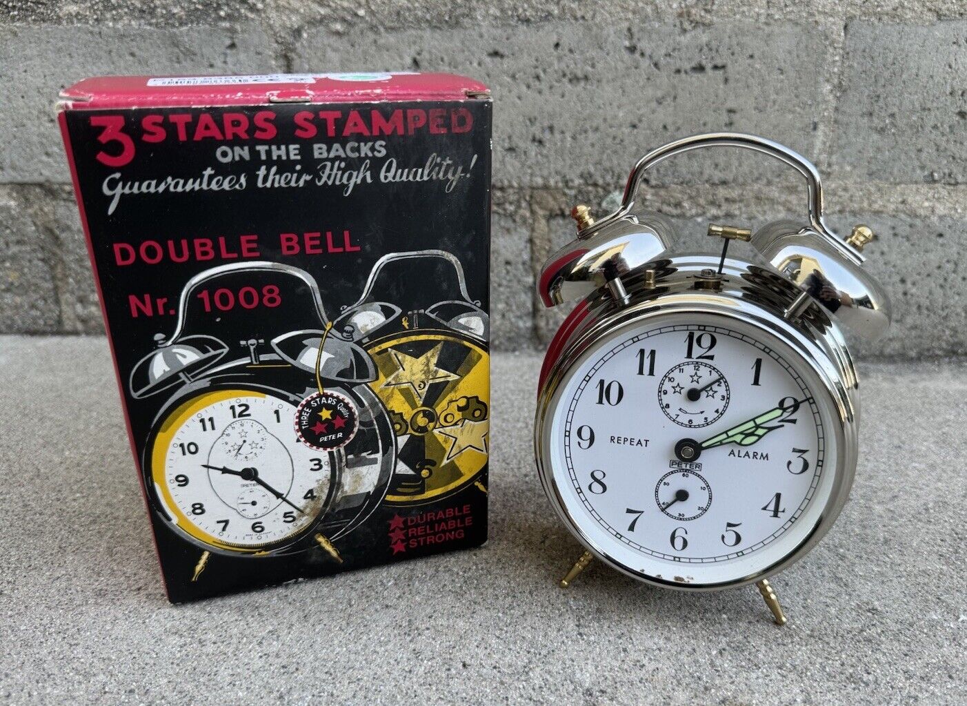 VTG Peter Repeat Double Bell Alarm Clock German Stainless Steel 3 Stars Stamped