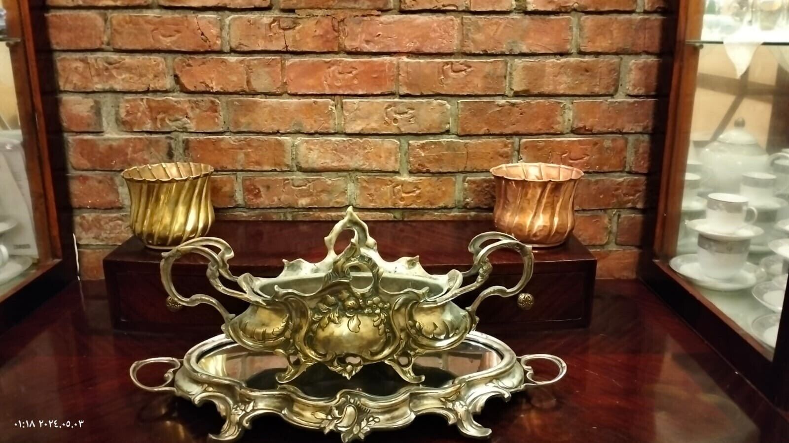 Vintage Solid Brass French Jardiniere with tray  + 2 Solid Brass Pots