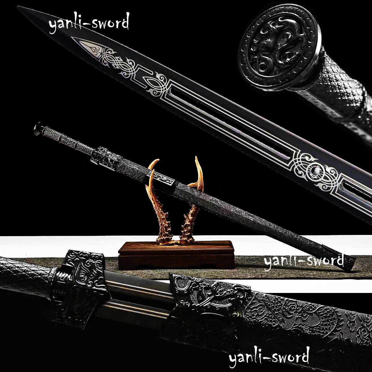Cool black Dragon Fittings Carbon Steel blade Chinese Sword Han Dynasty Jian 