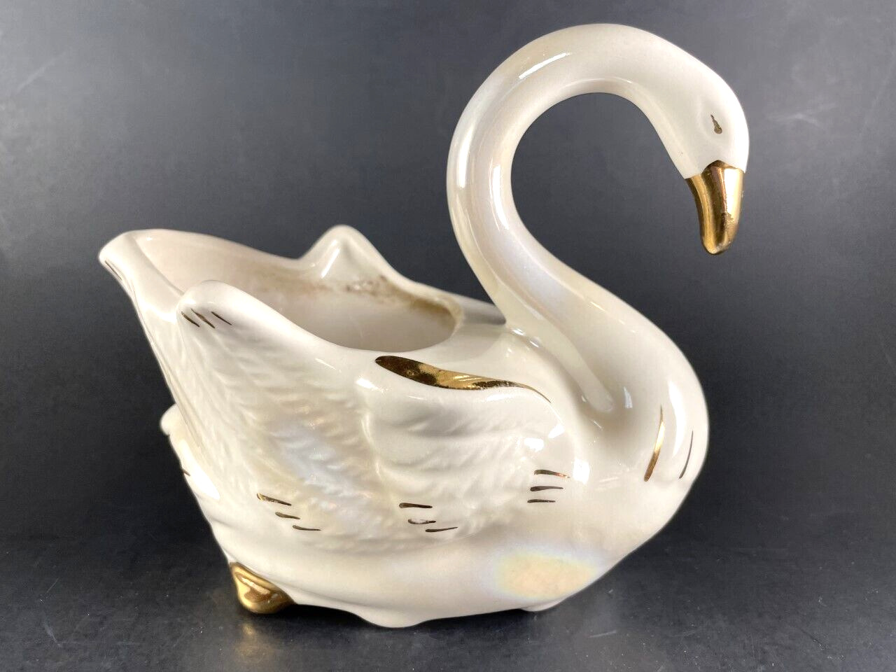 Vintage Royal Copley Swan Planter White With Gold Trim 4.25 Inches Water Fowl