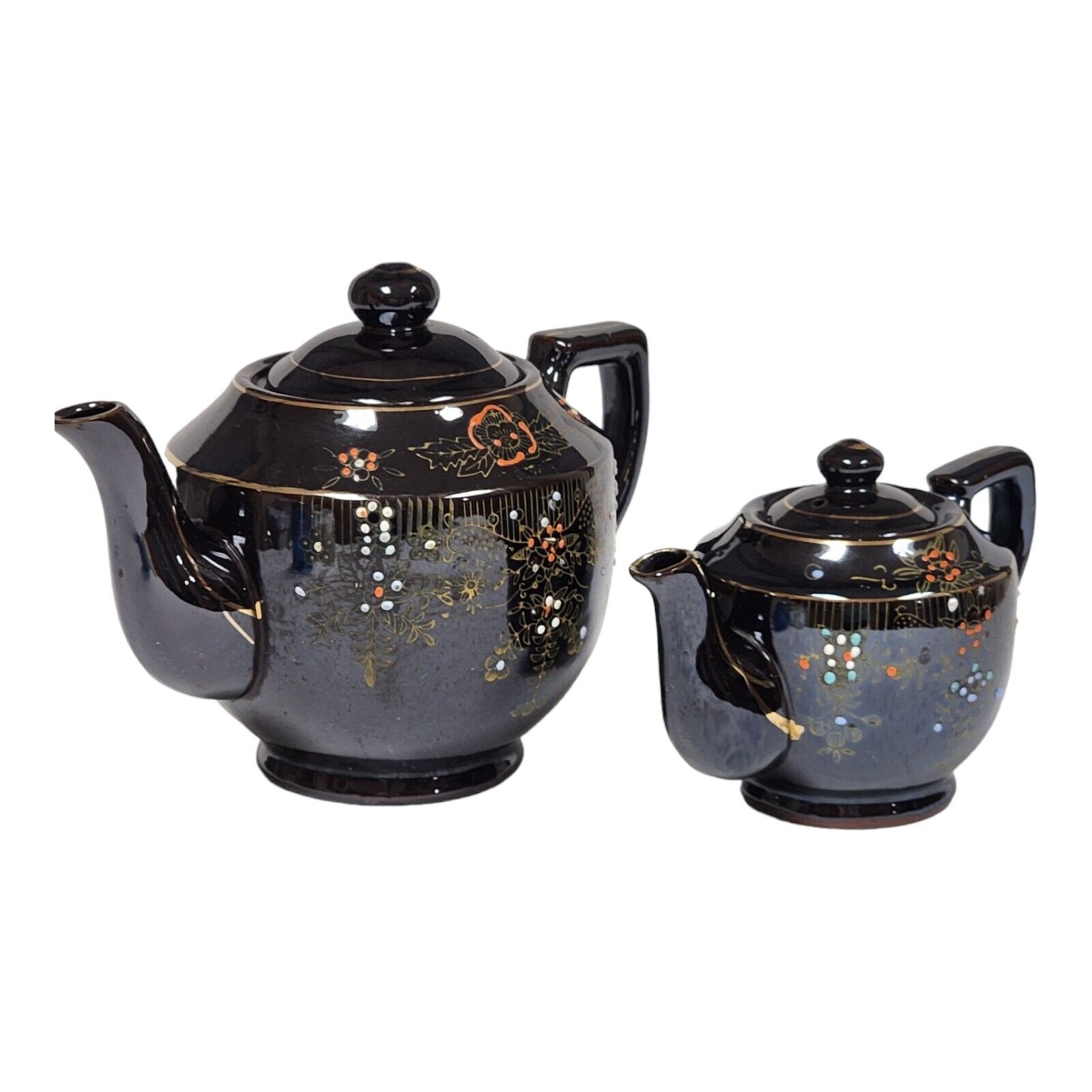 1940s Redware Pottery Teapot Set Japanese Moriage Hand-Painted Brown
