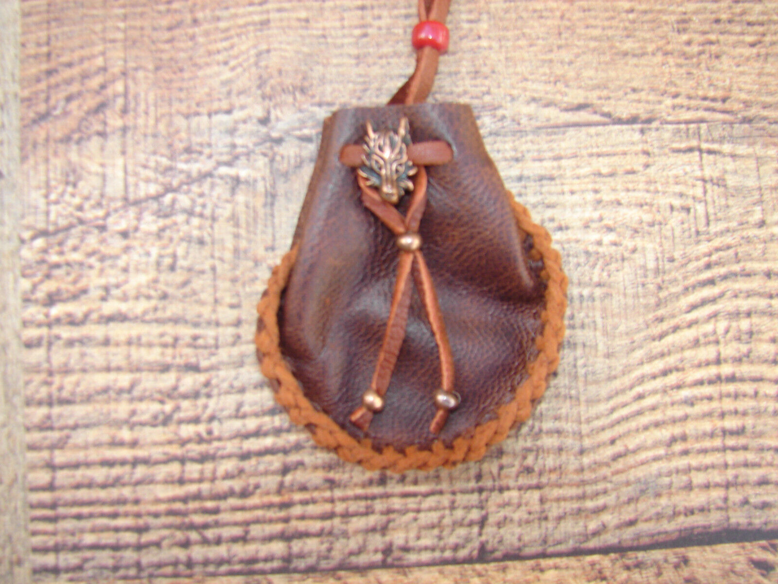 Deerskin Leather Wolf Medicine Bag, Native American Buckskin Necklace Pouch, 3\