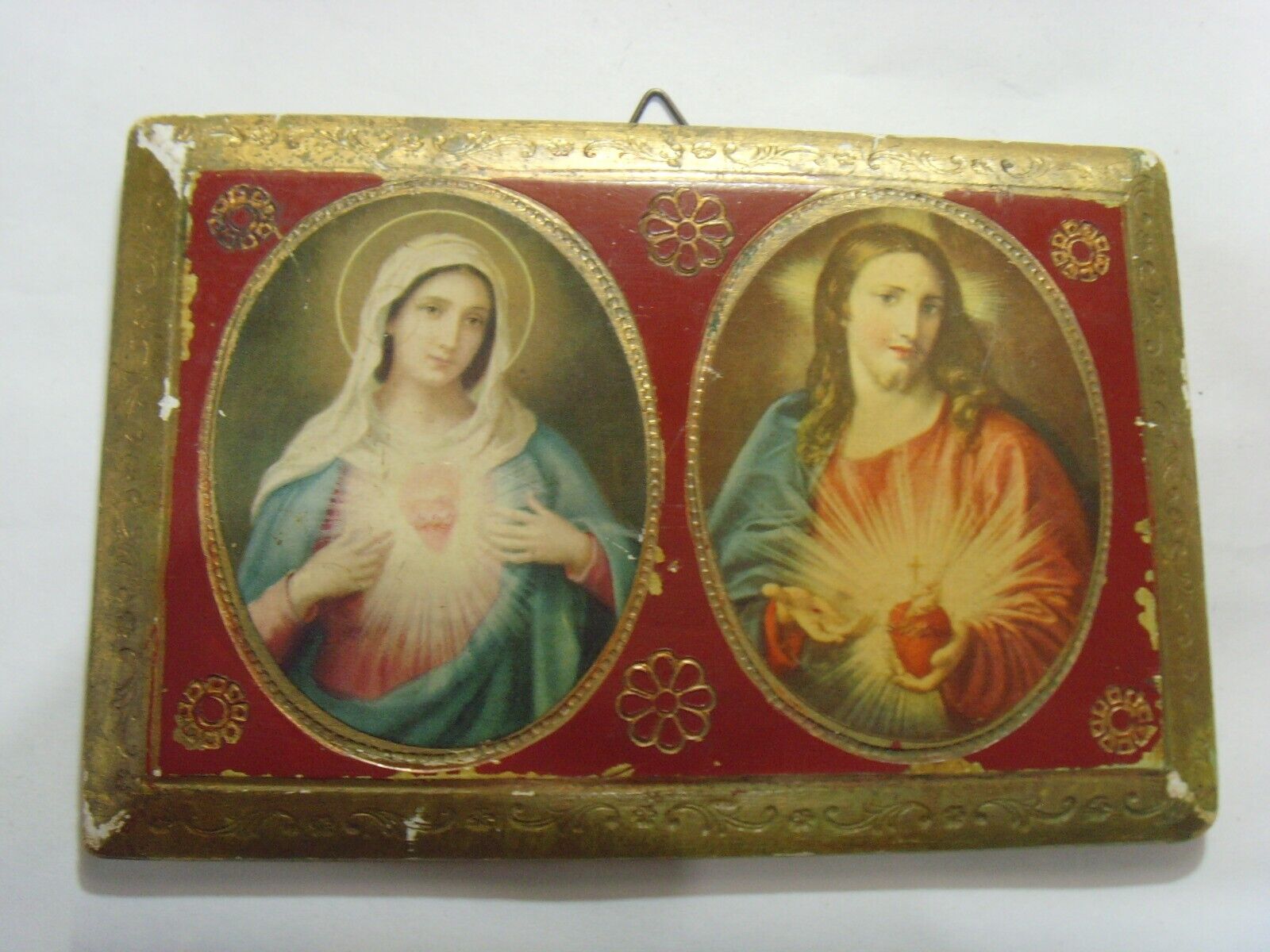 1800s antique catholic Saint Mary Jesus color print on wood icon FC1274