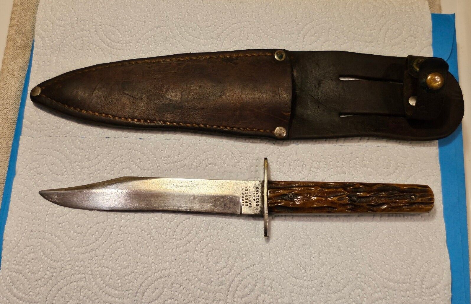 Rare Early 1900s Hibbard Spencer Bartlett& CO England. Stag Knife With Sheath. 
