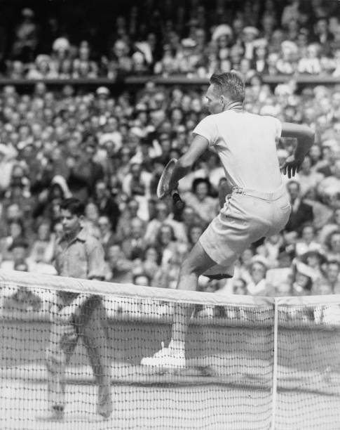 Jack Kramer United States Jumps Net Celebration Defeating Compatriot 1947 PHOTO
