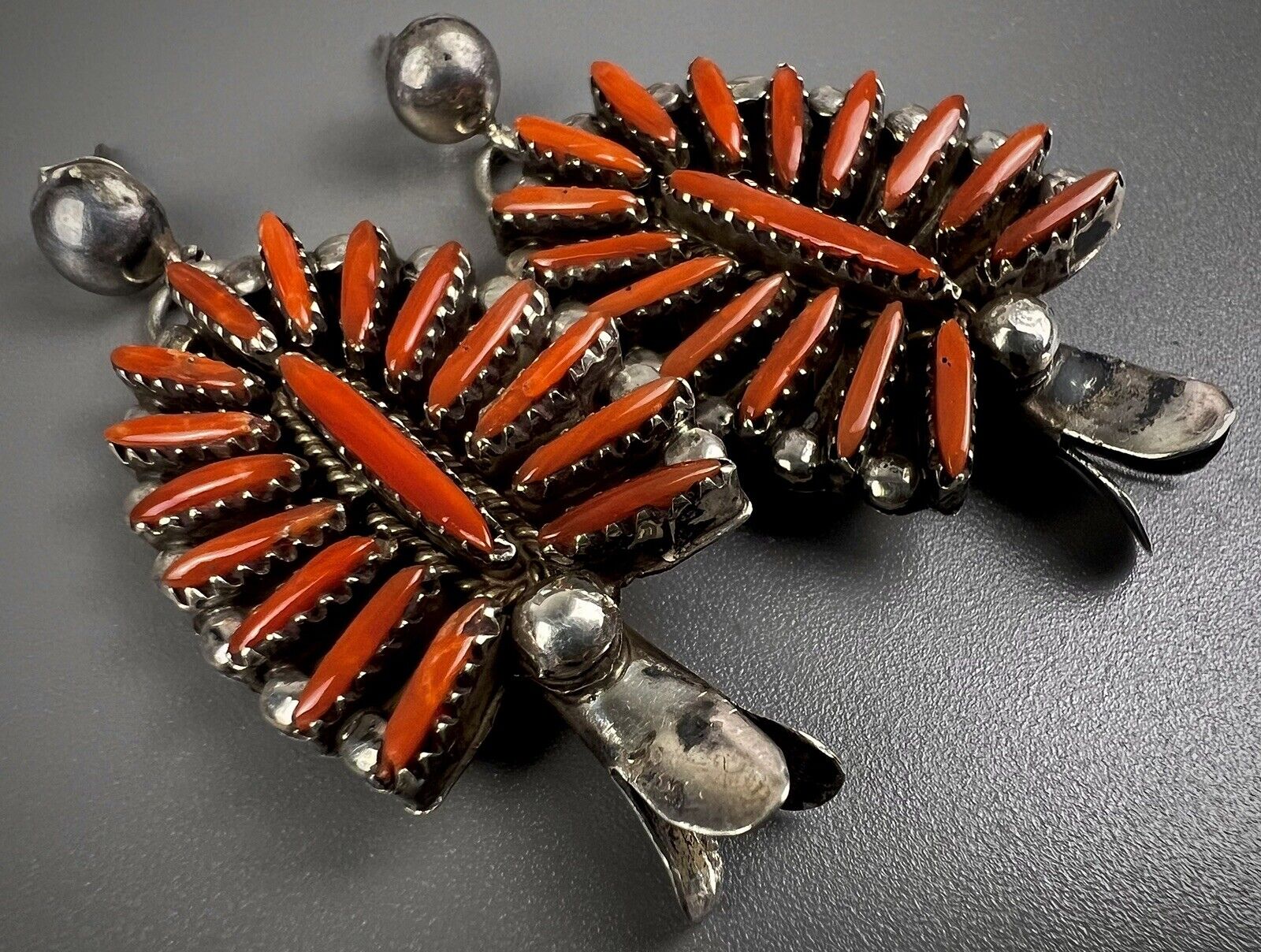 RARE OLD Vintage ZUNI Sterling Silver Coral Squash Blossom Dangle Earrings