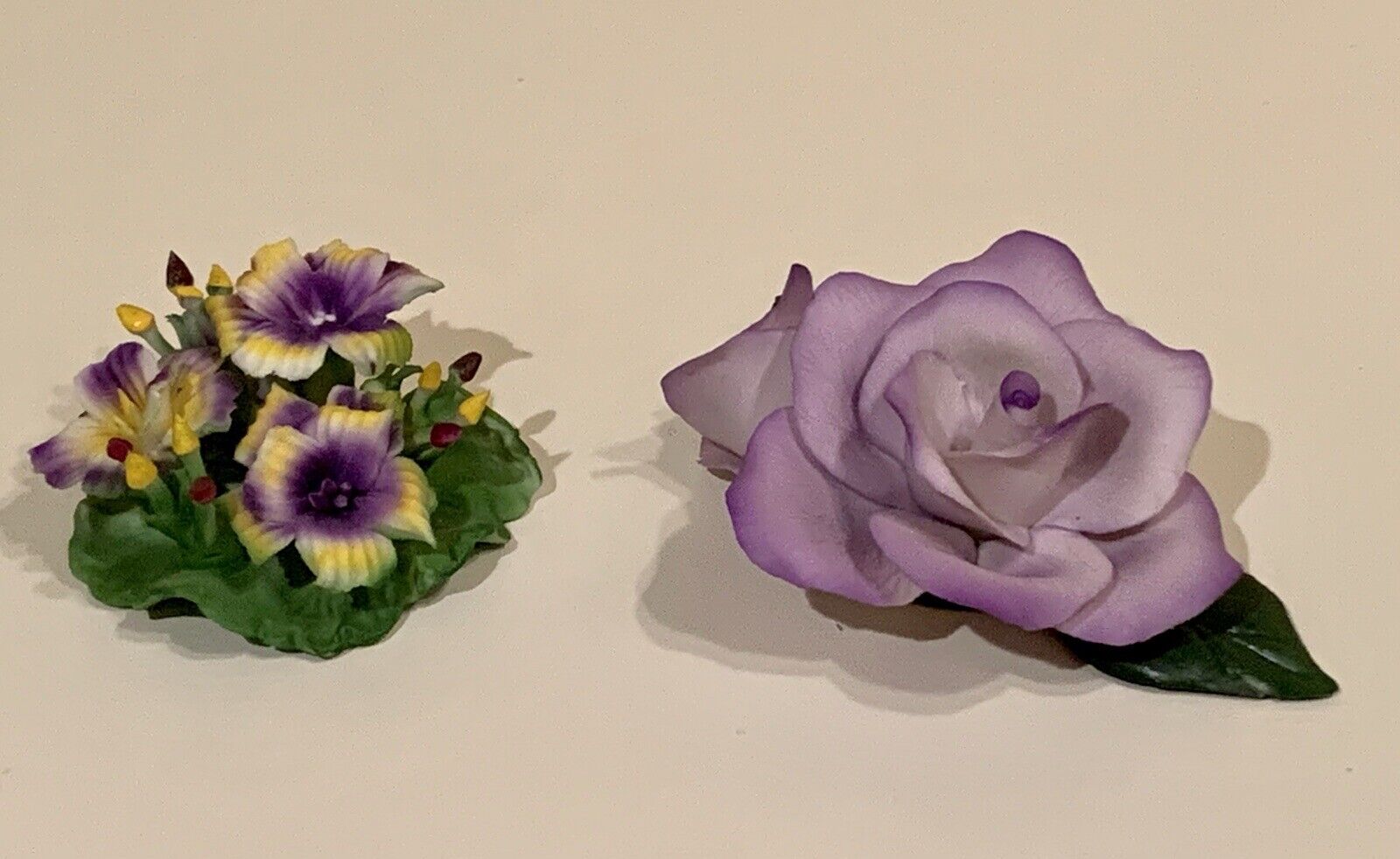 Capodimonte, Set of 2 Pieces, Purple Pale Rose & Purple/Yellow Wildflowers