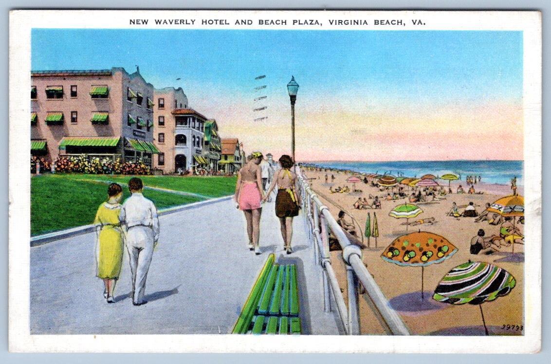 1938 NEW WAVERLY HOTEL & BEACH PLAZA OCEANFRONT VIRGINIA BEACH VA POSTCARD