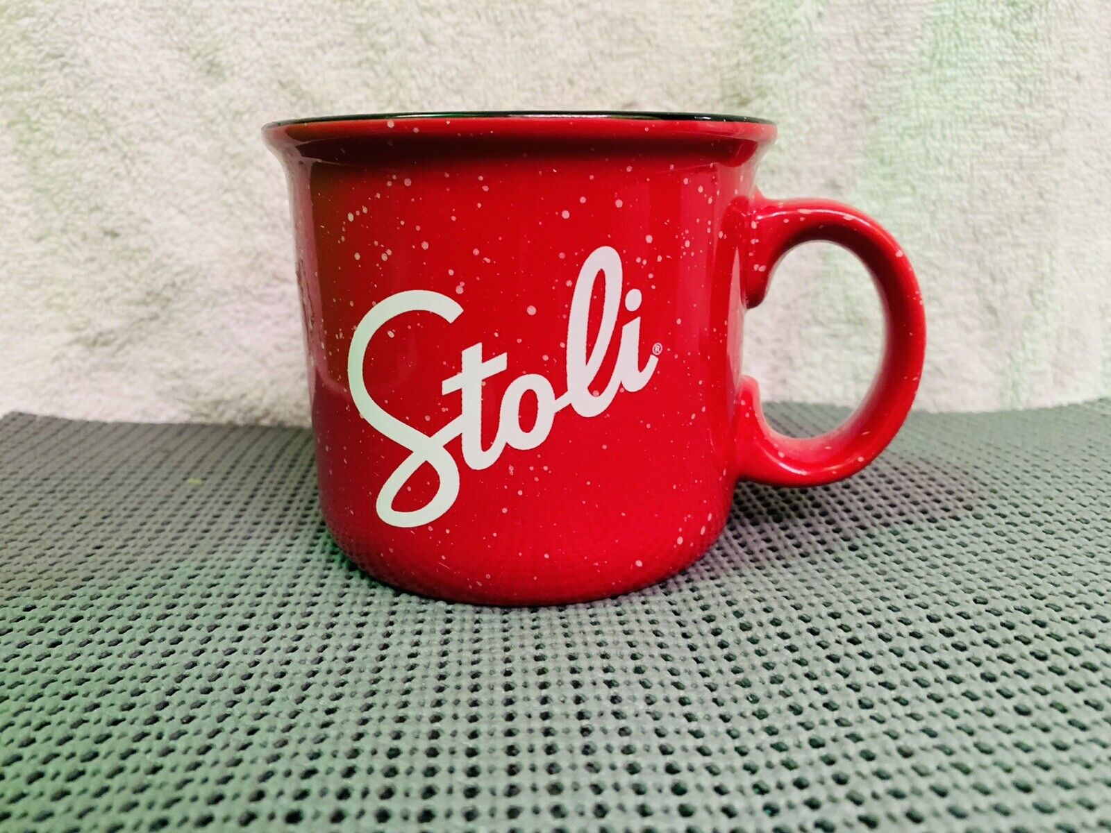 Stolichnaya Vodka Large Red Camping Style Ceramic Coffee Mug / Cup - Stoli #1535